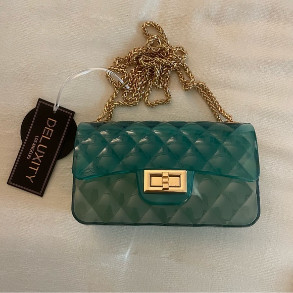 Deluxity Handbags - Deluxity Los Angeles Jelly Gold Chain Tufted Purse, Green/Blue, NWT